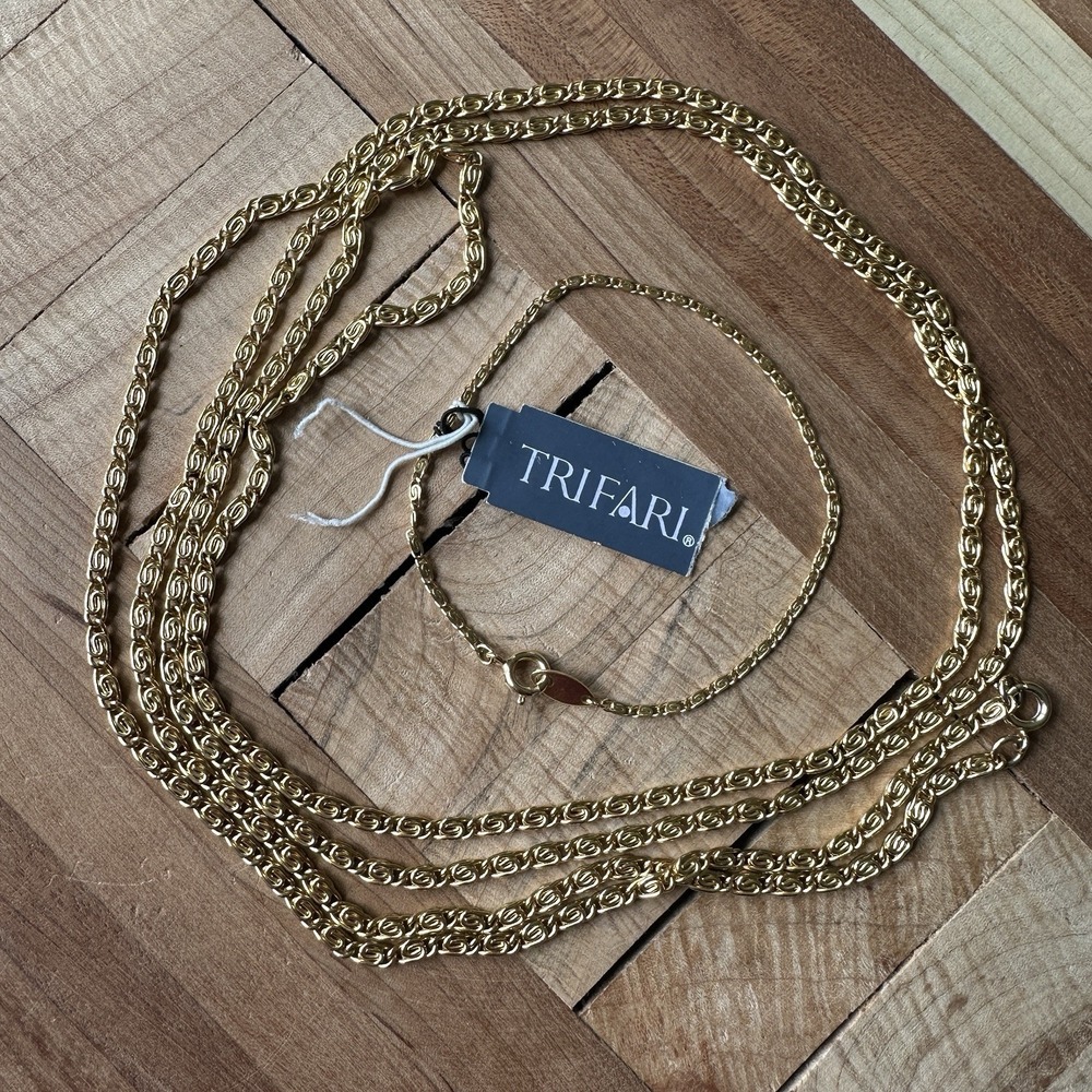 VTG Crown Trifari Paper Clip Chain Long Necklace 50 Inch Bracelet Set Gold Plate - Picture 8 of 10